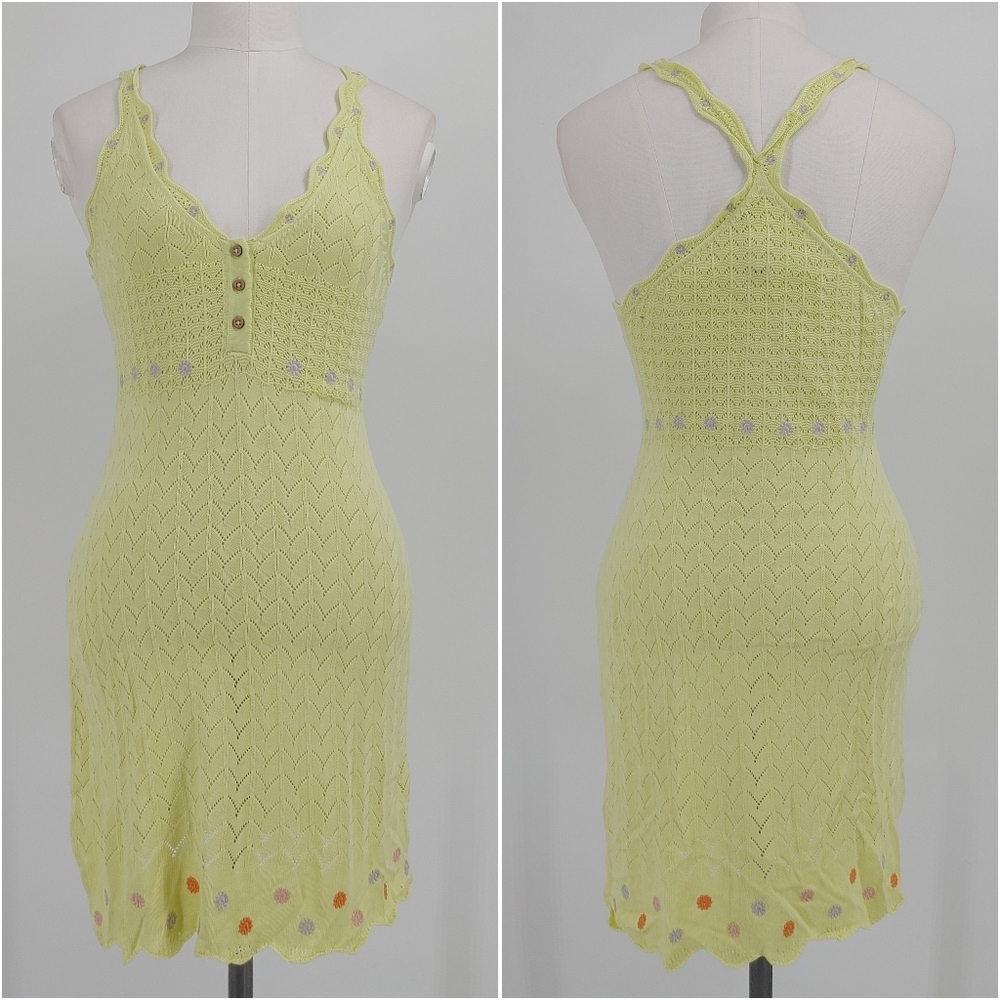 Free People Lemon Yellow Crochet Mini Dress with Multicolor Dots